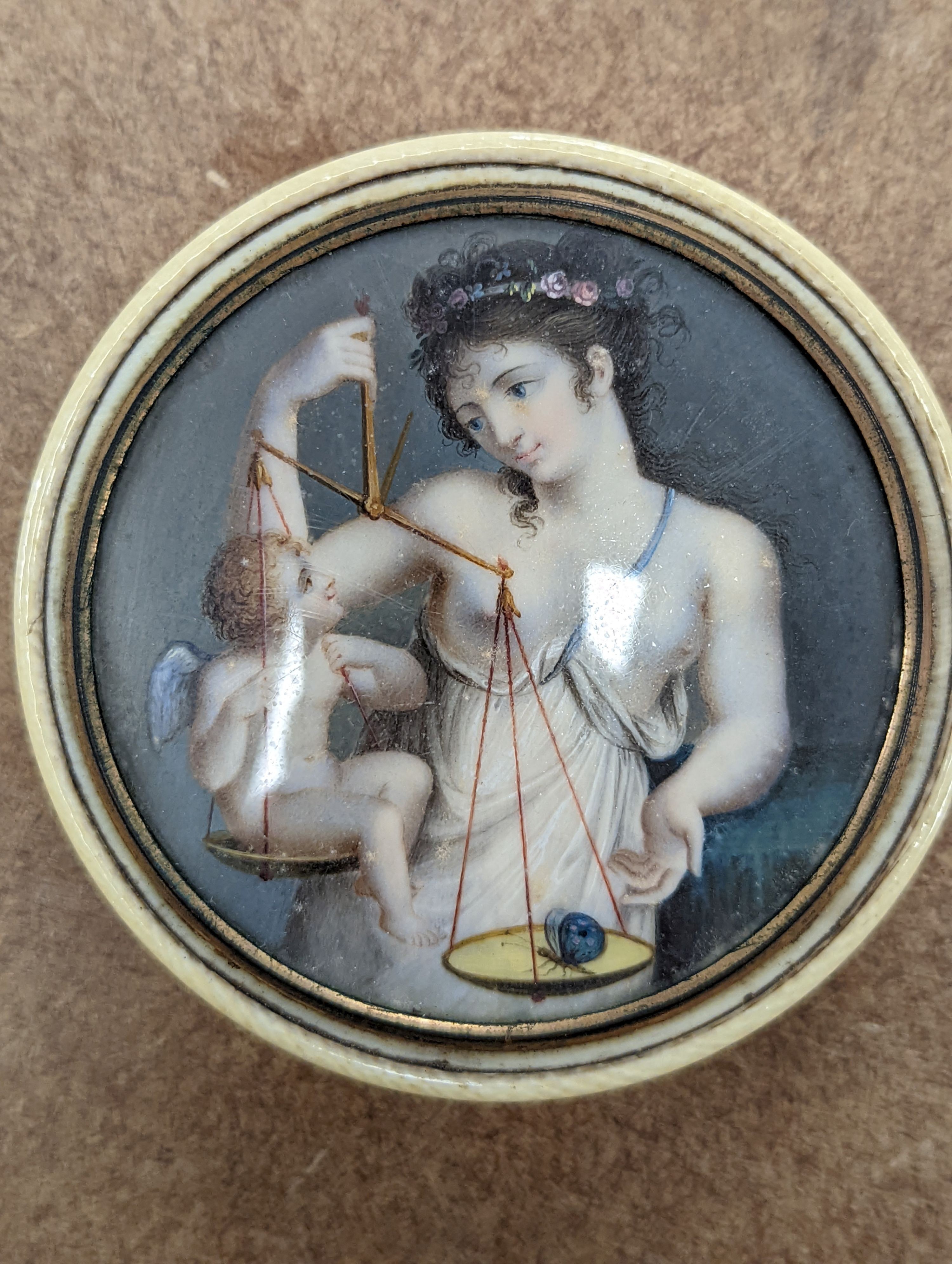 An early 19th century ivory and tortoishell box with inset miniature of Themis to cover, 8cm.